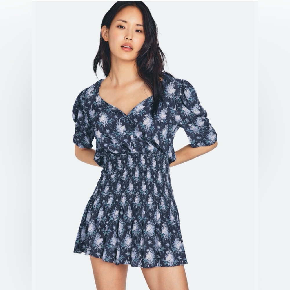 LoveShackFancy Brickell Mini Dress XS Navy Blue Floral Smocked Puff Sleeve